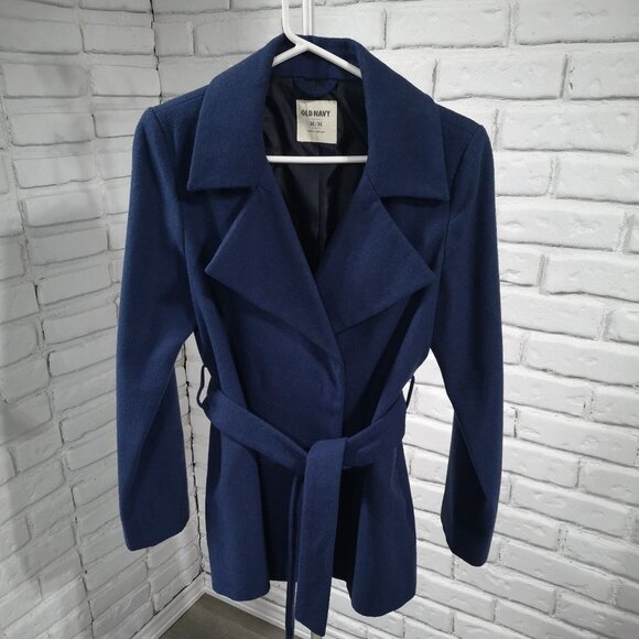 Old Navy Ladies Snap Closure Size Medium Belted Navy Coat - Picture 1 of 10